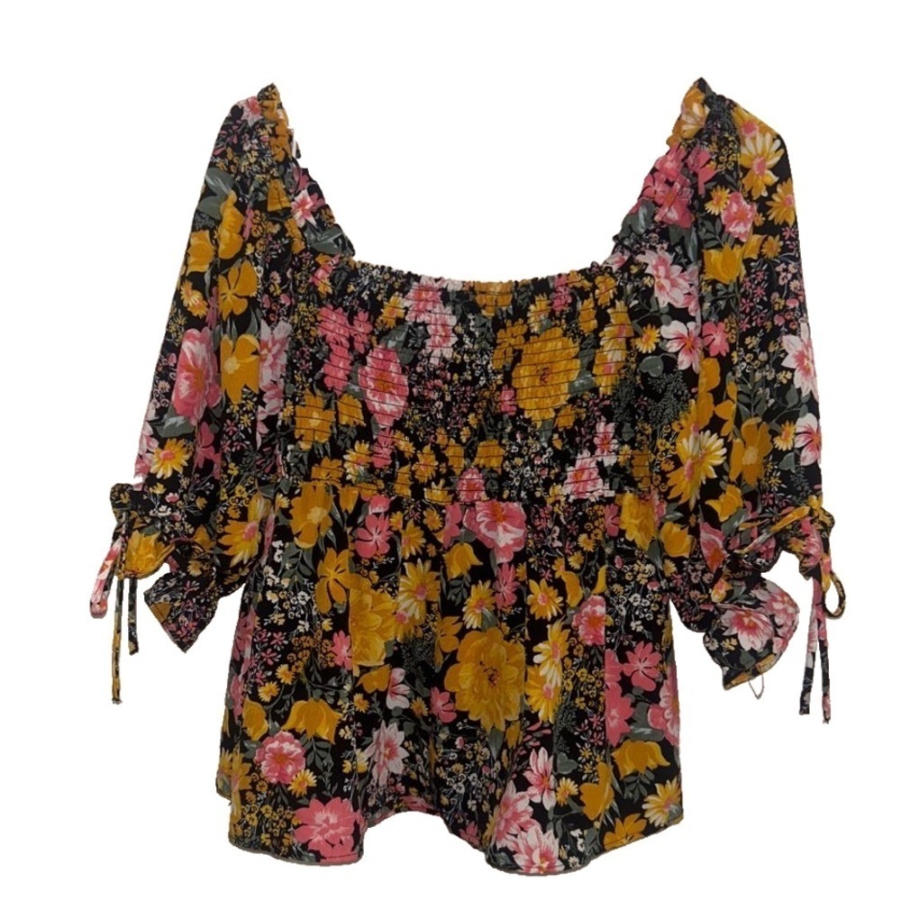 Twine and String Boho Smocked Puff Sleeve Floral Black Square Neck Size Small